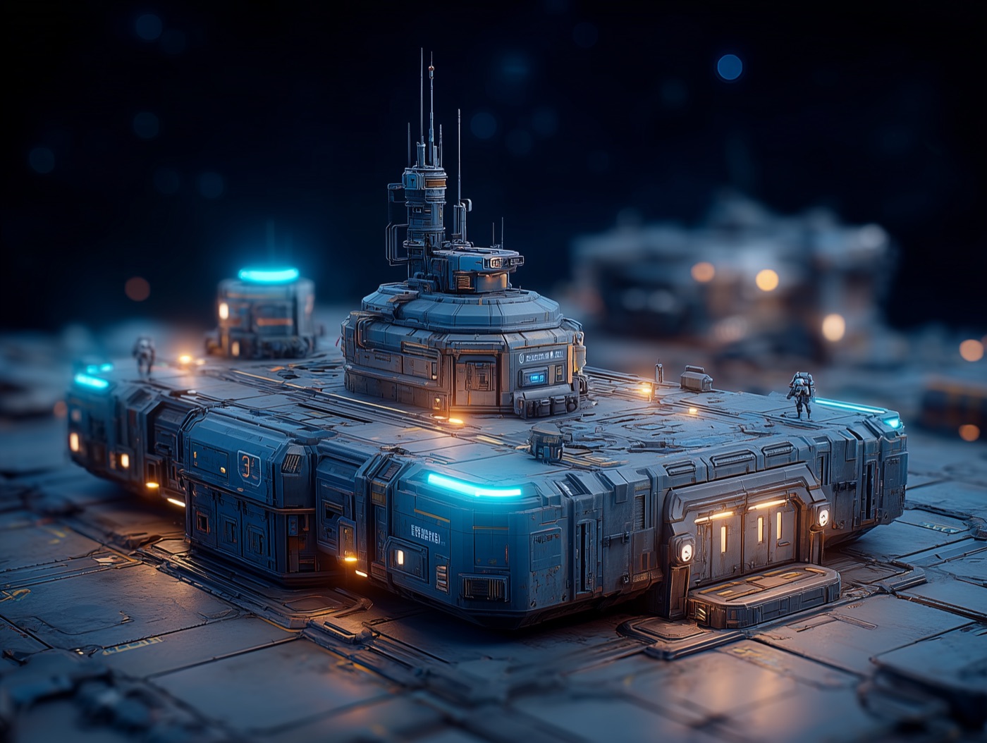An Azure Corps base on the surface of Kestrel-9, lit in blue.