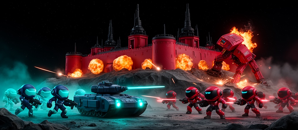 Operation Endgame: a crimson fortress under bombardment while an Azure Corps tank leads the assault.