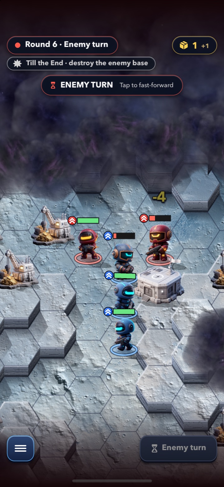 A battle in Oortfall: red and blue squads trade fire across the hex terrain around an outpost.